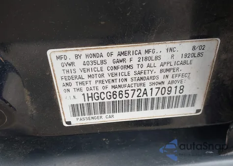 2002 Honda Accord 2.3 Lx from USA, damaged, VIN 1HGCG66572A170918